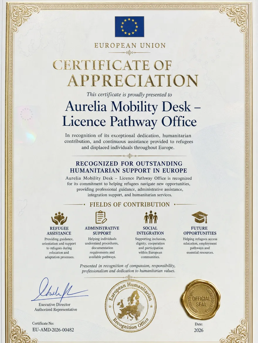 European Refugee Support Partner certificate awarded to Aurelia Mobility Desk